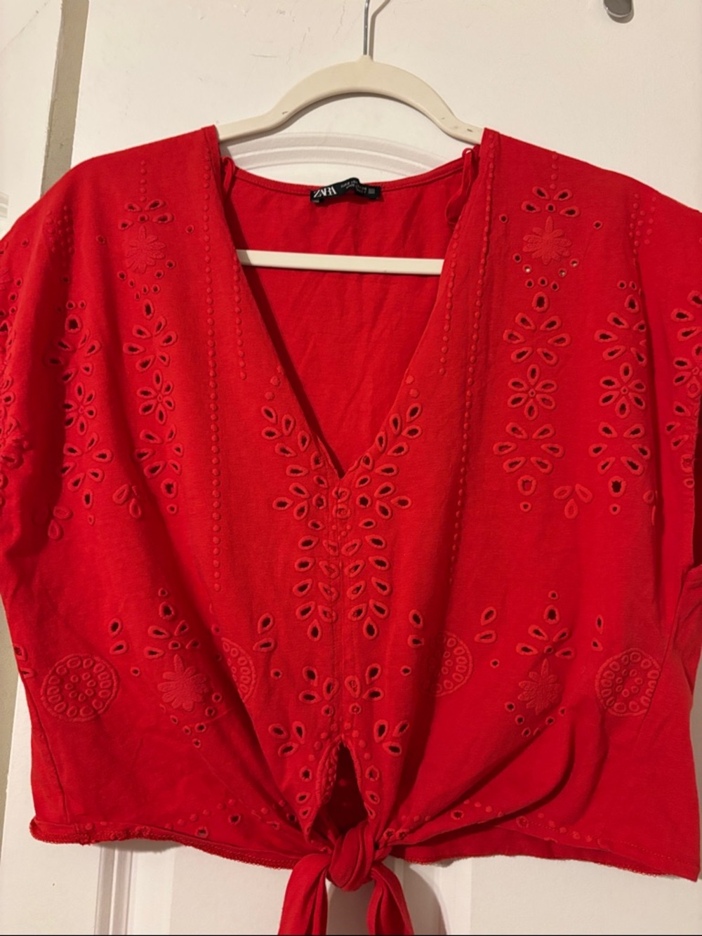 Zara Bright Red Eyelet Tie-Front V-Neck Crop Top